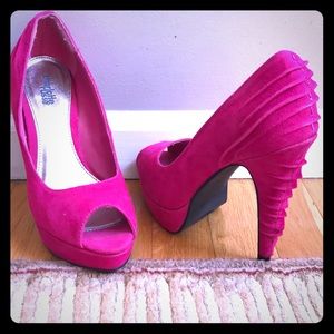Peep Toe Hot Pink Pumps with Ruffling On Side